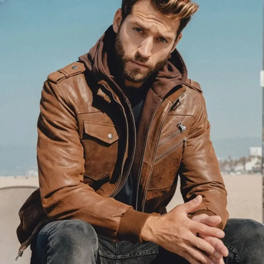 Jaqueta de Couro Premium com Capuz Masculina - Image 4